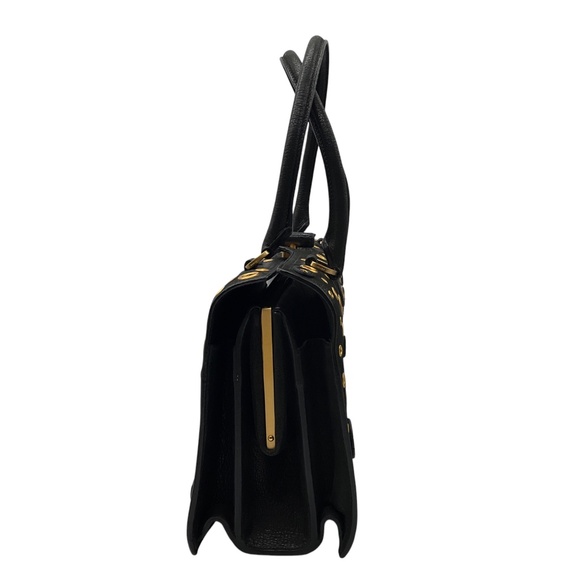 PRADA BLACK / GOLD GROMMET EMBELLISHED LOGO PLAQUE GRAINED LEATHER HANDBAG - Picture 2 of 13